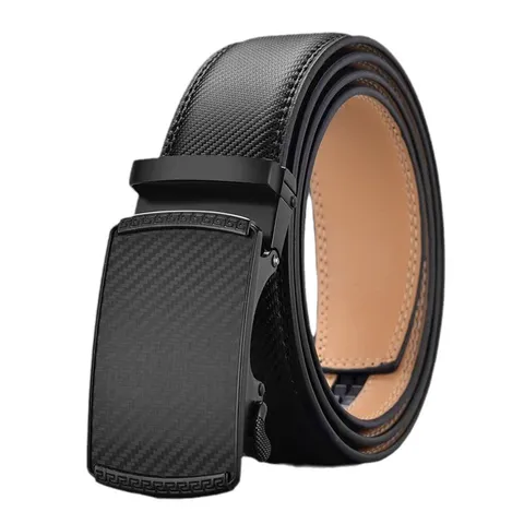 Men Business Leather Belt Automatic Buckle Carbon Fiber Texture Minimalist Cowhide Belt For Men Formal Casual Suit Dress Accessory