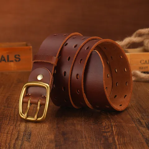 Men Vintage Genuine First Layer Cowhide Leather Belt Artistic Hand Washed Zinc Alloy Double Prong Buckle Durable Jeans Belt Accessories
