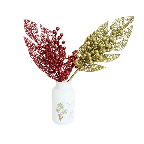 Glitter Artificial Monstera Leaf Spray With Berries Plastic Hollow Palm Stem For Christmas Tree Decoration Holiday Party Home Table Centerpiece Arrangements