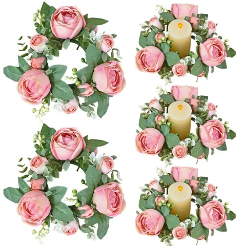 Guirnalda de Velas con Capullos de Rosa Artificiales de Satén Hecha a Mano Centro de Mesa de Boda Floral Decoración para Hogar Fiesta Banquete