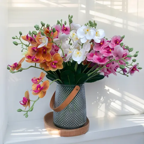 Artificial Phalaenopsis Orchid Single Stem With Leaves Silk Plastic Flower For Wedding Party Home Decor Floral Arrangement