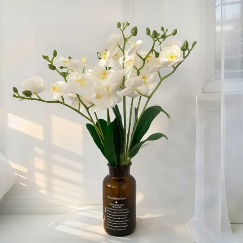 Artificial Phalaenopsis Orchid Single Stem With Leaves Silk Plastic Flower For Wedding Party Home Decor Floral Arrangement