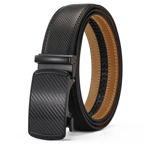 Men's Business Casual Split Leather Belt with Zinc Alloy Automatic Buckle Carbon Fiber Texture Greek Key Pattern Waist Strap