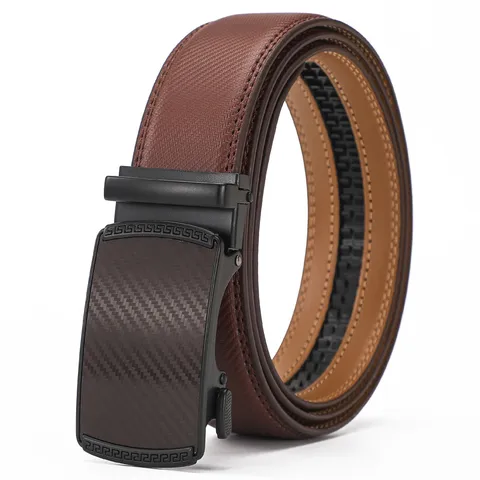 Men's Business Casual Split Leather Belt with Zinc Alloy Automatic Buckle Carbon Fiber Texture Greek Key Pattern Waist Strap