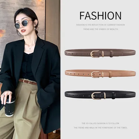 Women's Split Cowhide Leather Belt Minimalist Narrow Waist Strap With Alloy Pin Buckle For Suits Jeans Dress Elegant Belt