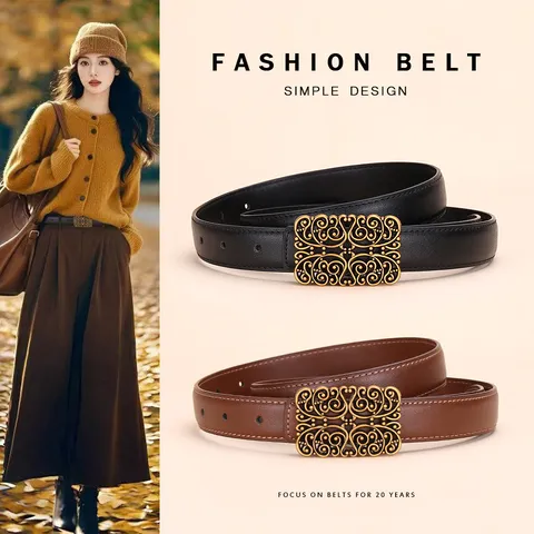 Women's Vintage Maillard Style Split Cowhide Leather Belt Hollow Out Gold Alloy Buckle Versatile Decorative Waist Belt
