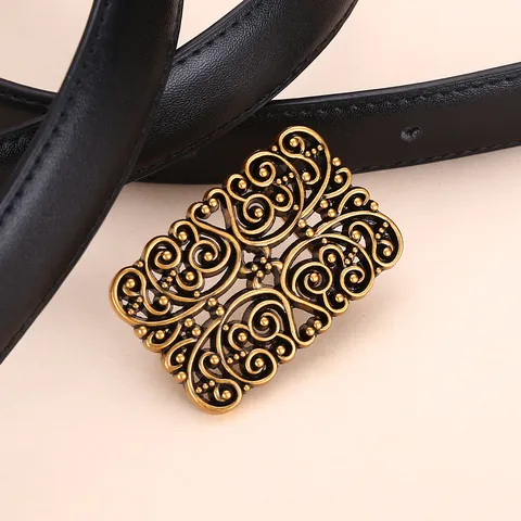 Women's Vintage Maillard Style Split Cowhide Leather Belt Hollow Out Gold Alloy Buckle Versatile Decorative Waist Belt
