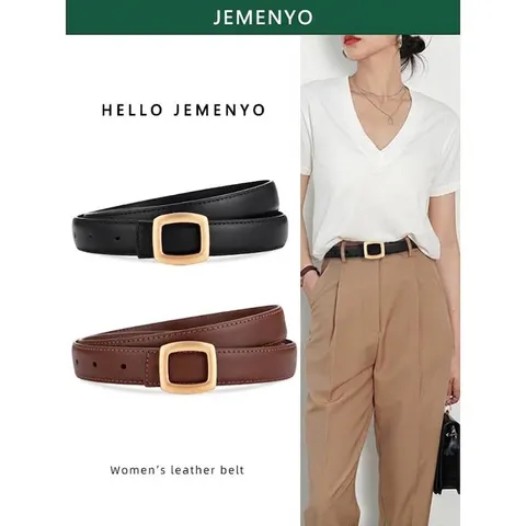 Minimalist Split Cowhide Leather Belt For Women Fashion Alloy Square Buckle Adjustable Waist Strap For Jeans Dresses Casual Office Accessories