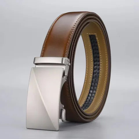 Men Genuine Leather Belt With Automatic Alloy Buckle Cowhide Business Casual Waistband For Office Daily Wear Adjustable Strap Accessory