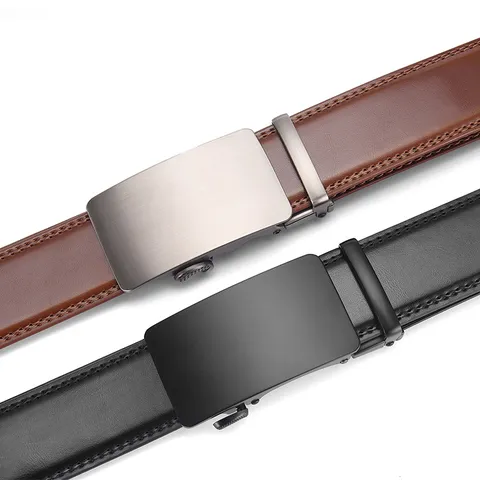 Men Business Casual Cowhide Leather Belt With Automatic Alloy Buckle Adjustable Simple Stylish Waistband For Jeans Suit