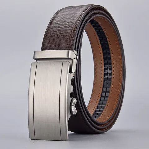 Men Business Casual Genuine Leather Belt Automatic Buckle Brushed Alloy Head Saffiano Cowhide Leather Waist Strap For Men