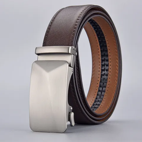 Men Business Casual Genuine Leather Belt Automatic Buckle Brushed Alloy Head Saffiano Cowhide Leather Waist Strap For Men