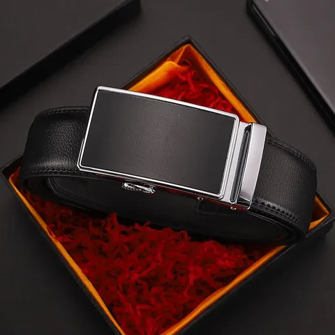 Men Business Casual Genuine Cowhide Leather Belt With Automatic Alloy Buckle Adjustable Lychee Pattern Fashion Waistband Gift Box