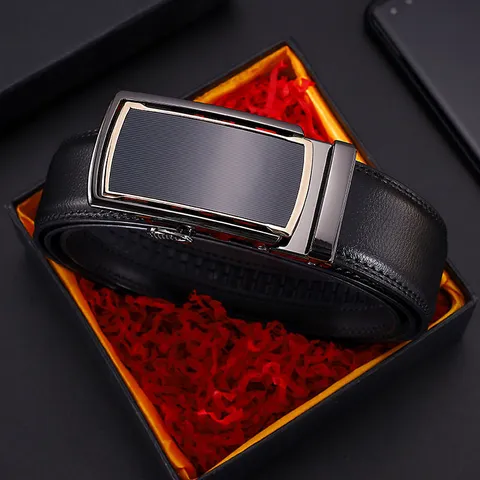 Men Business Casual Genuine Cowhide Leather Belt With Automatic Alloy Buckle Adjustable Lychee Pattern Fashion Waistband Gift Box