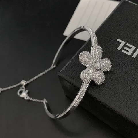 Luxury Floral Zirconia Inlaid Adjustable Bangle Elegant Silver Rose Gold Plated Flower Stud Earrings Ring Jewelry For Women