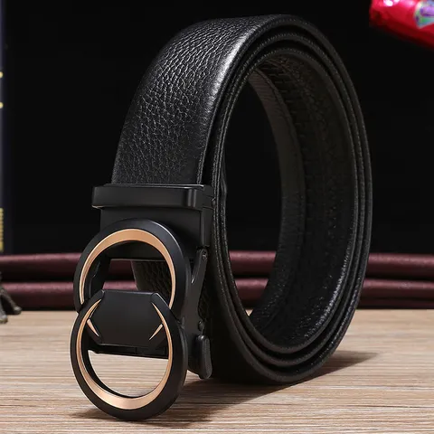 Men's Top Grain Leather Belt with Automatic Buckle Business Casual Lychee Pattern Cowhide Waist Strap for Gentlemen Wear