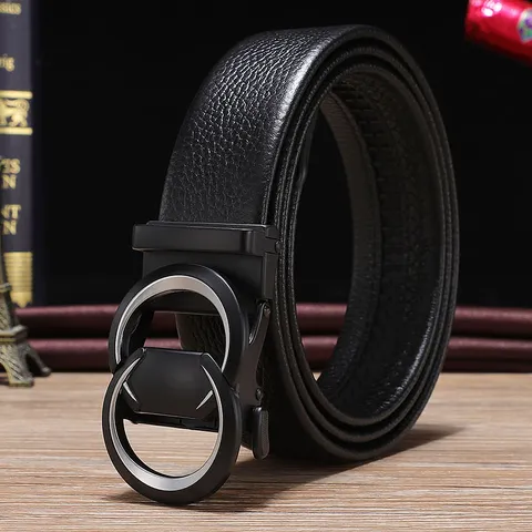 Men's Top Grain Leather Belt with Automatic Buckle Business Casual Lychee Pattern Cowhide Waist Strap for Gentlemen Wear