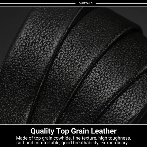 Sangle de Ceinture en Cuir de Vachette pour Hommes Sans Boucle Noir Grain de Litchi Sangle de Remplacement Décontractée