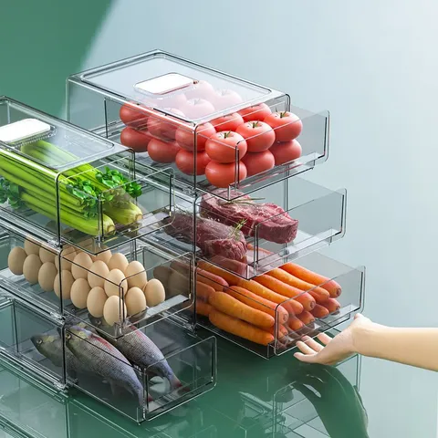 Cajón Organizador de Refrigerador PET Transparente Contenedor de Almacenamiento de Alimentos Apilable para Verduras Frutas Carne Cocina