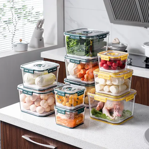 Transparent Square Refrigerator Food Storage Container With Timing Lid Airtight Fresh Keeping Box Plastic Grain Tank With Drainer