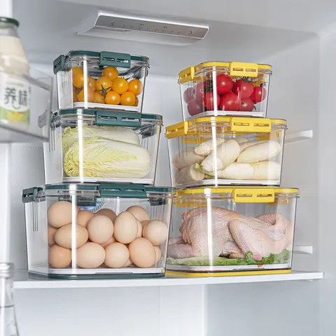 Transparent Square Refrigerator Food Storage Container With Timing Lid Airtight Fresh Keeping Box Plastic Grain Tank With Drainer