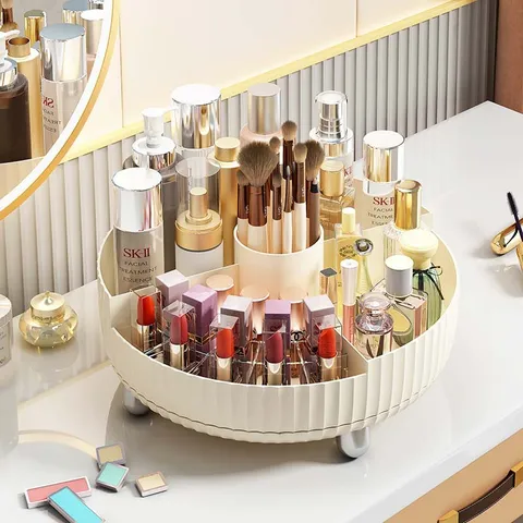 360 Rotating Cosmetic Organizer Large Capacity Desktop Skincare Storage Box Makeup Brush Lipstick Holder Ribbed Texture Tray Metal Feet
