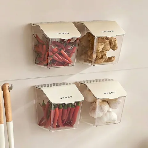 Punch-Free PET Plastic Wall Mounted Kitchen Storage Box Flip Top Transparent Organizer For Ginger Garlic Onion Small Items