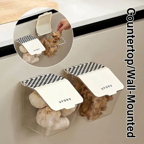 Punch-Free PET Plastic Wall Mounted Kitchen Storage Box Flip Top Transparent Organizer For Ginger Garlic Onion Small Items