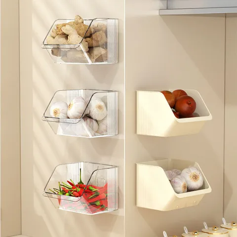 Boîte de Rangement de Cuisine Murale Sans Perçage Organisateur Multifonctionnel de Gingembre et d'Ail Conteneur de Rangement de Cosmétiques de Salle de Bain