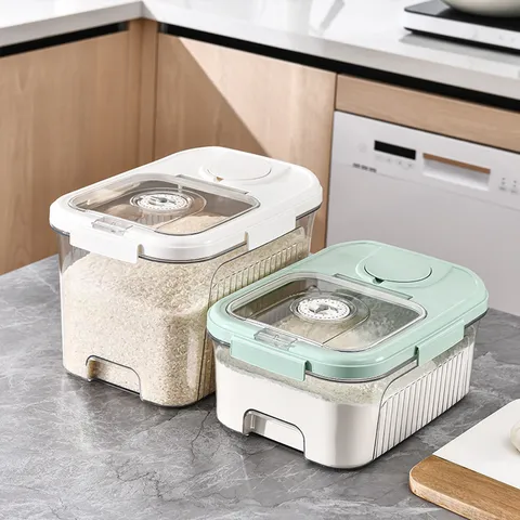 Boîte de Stockage de Riz Transparente Grande Capacité avec Cadran de Minuteur Boucles de Scellage Résistant à l'Humidité Seau à Grains