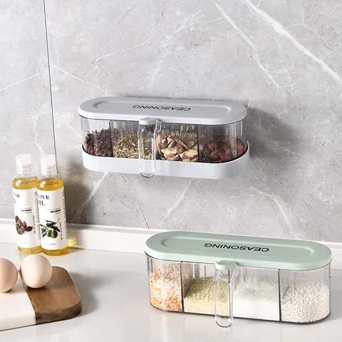 Wall Mounted Punch Free Seasoning Box Multi Grid Plastic Kitchen Storage Box Dustproof Moisture Proof Spice Container With Spoons Creamy White Quartz Grey Ins Style Kitchen Organization