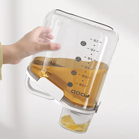 Handheld Transparent Sealed Food Storage Container Plastic Kitchen Grain Cereal Dispenser With Measuring Cup Lid And Scale