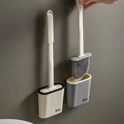Wall Mounted Toilet Brush Set Silicone Soft TPR Bristles Long Handle Bathroom Cleaning Tool With Drainage Holder No Dead Ends