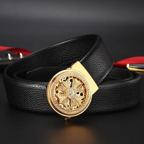 Men Business PU Leather Belt With Rotating Fortune Windmill Automatic Buckle Rhinestone Inlaid Fashion Waist Strap For Gentlemen