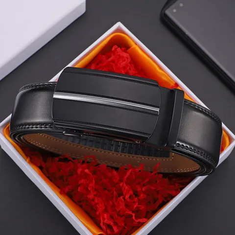 Men's Genuine Cowhide Leather Belt With Alloy Automatic Buckle Business Casual Waist Strap Classic Black Leather Belt