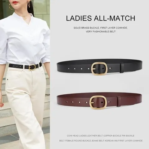 Women's Genuine Leather Belt with Round Pin Buckle Korean Ins Style cowhide Waist Belt for Jeans Casual Pants Ladies Fashion Belt