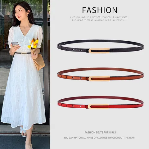 Cintura Sottile da Donna in Vera Pelle Con Fibbia a U Dorata Cintura Estretta in Pelle di Mucca Minimalista per Abiti e Jeans