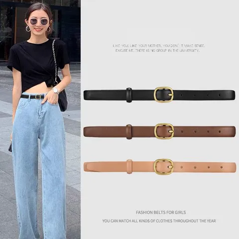 Simple Fashion Women Genuine Leather Belt With Gold Alloy Buckle Versatile Cowhide Waist Strap For Jeans Ladies Accessory