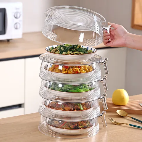 Stackable Multi-layer Transparent Food Cover For Kitchen Breathable Hollow Food Shield Dustproof Flyproof Leftover Protector With Handle