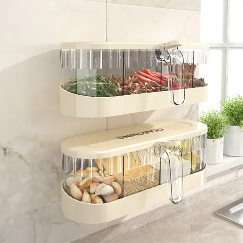 Wall Mounted Seasoning Box Multi Grid Spice Storage Container Transparent Dustproof Kitchen Condiment Organizer No Drill Countertop Shelf