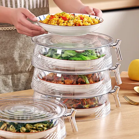 Stackable Multi-layer Transparent Food Cover For Kitchen Breathable Hollow Food Shield Dustproof Flyproof Leftover Protector With Handle