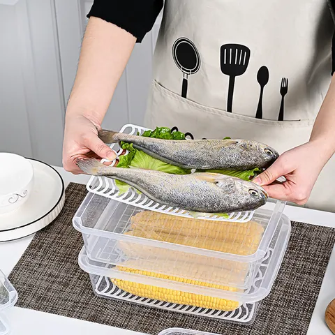Rectangular Refrigerator Food Storage Box With Lid Drain Tray Stackable Plastic Fresh Keeping Case For Fish Meat Vegetables