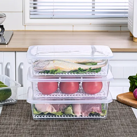 Rectangular Refrigerator Food Storage Box With Lid Drain Tray Stackable Plastic Fresh Keeping Case For Fish Meat Vegetables