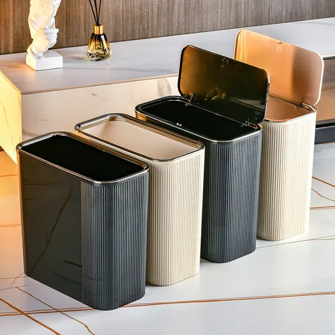 Slim Trash Can With Pop-up Lid Light Luxury Vertical Stripe Pattern Narrow Gap Garbage Bin For Bathroom Living Room Kitchen Plastic Waste Basket