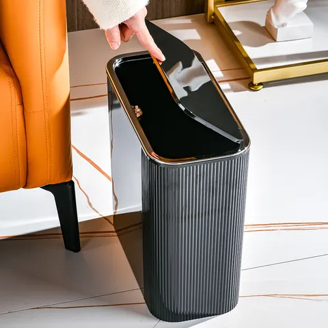 Slim Trash Can With Pop-up Lid Light Luxury Vertical Stripe Pattern Narrow Gap Garbage Bin For Bathroom Living Room Kitchen Plastic Waste Basket