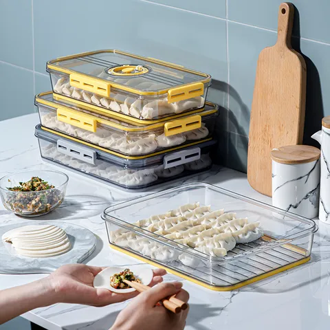 Caja De Almacenamiento De Dumplings De PET Transparente Para Refrigerador Con Dial De Fecha Contenedor De Conservación Sellado Apilable