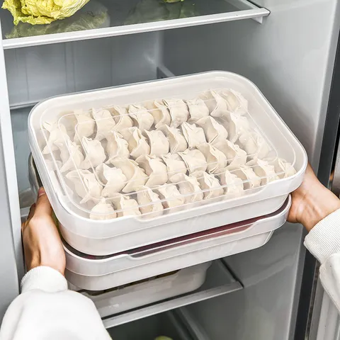 Caja de Almacenamiento de Alimentos para Refrigerador Cocina Tapa Transparente Apilable Plástico Conservación Huevos Dumplings Organización