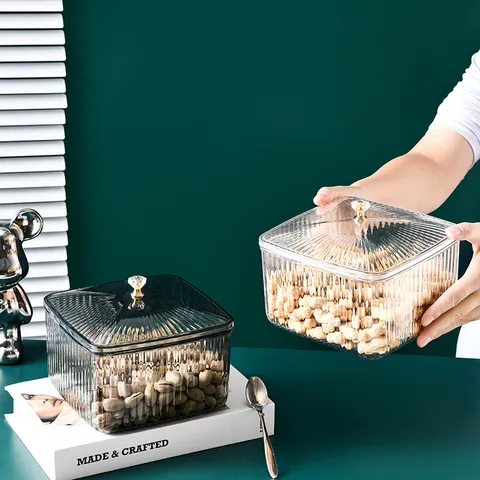 Minimalistische Gestreifte Transparente Kunststoff Aufbewahrungsbox Mit Deckel Kristallgriff Für Kosmetik Obst Snacks Organisation