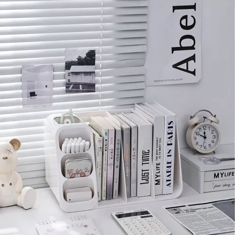 Minimalist Desk Organizer Bookends Multi-Grid Stationery Storage Rack Integrated Plastic File Holder Bookshelf For Office School Student Desktop