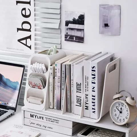 Minimalist Desk Organizer Bookends Multi-Grid Stationery Storage Rack Integrated Plastic File Holder Bookshelf For Office School Student Desktop